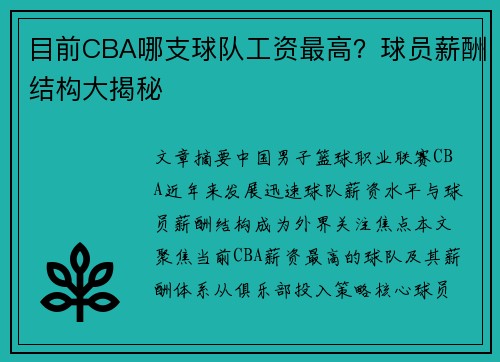 目前CBA哪支球队工资最高？球员薪酬结构大揭秘
